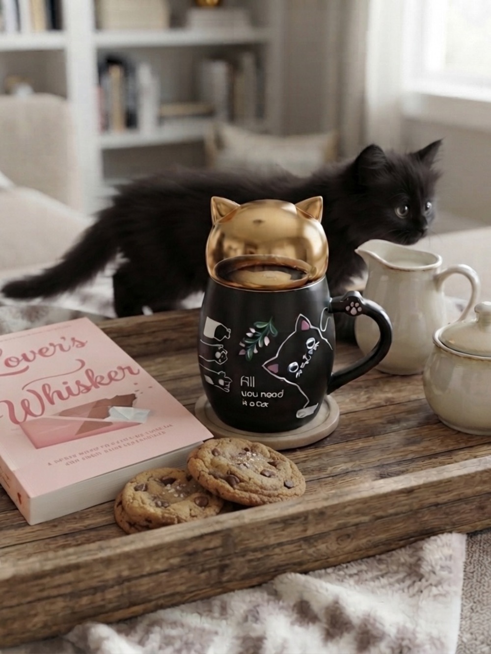 Black Cat Mug with Gold Lid “ All You Need is a Cat”